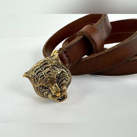Gucci Women Brown Leather Gold Feline Head Belt Skinny - Picture 3 of 5